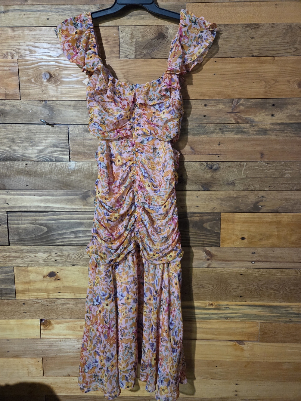 Astr Floral Pink Orange Midi Dress with Ruffled Shoulders